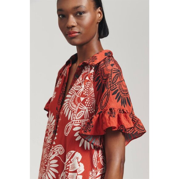 By ANTHROPOLOGIE Ruffle-Sleeve Maxi Dress S Tiered Medallion Print Boho Breezy - Picture 4 of 12